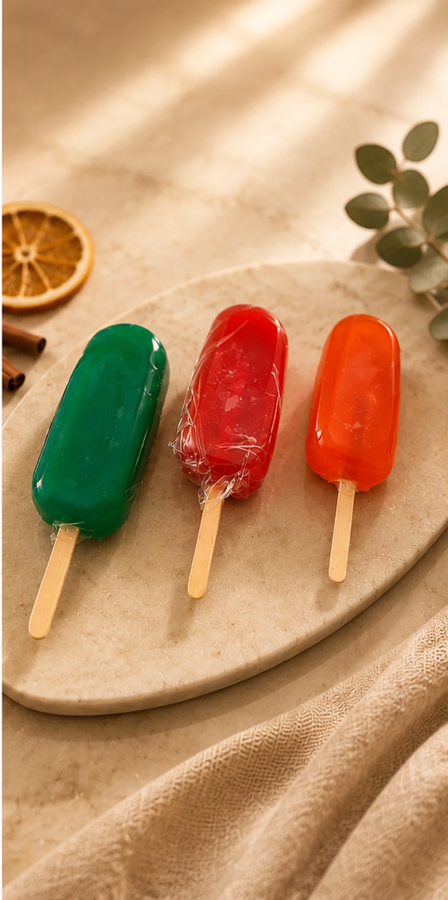 Jabones artesanales en forma de paleta en colores verde, rojo y naranja de Los Aromas de Rafa