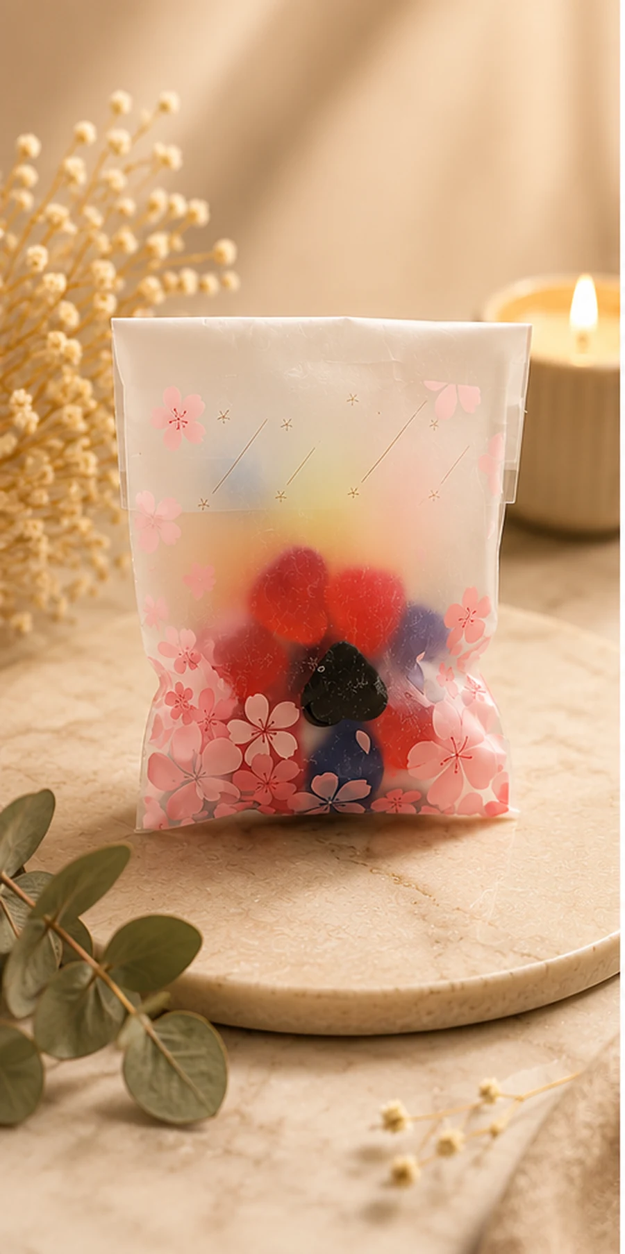Bolsa floral con mini jabones artesanales de colores de Los Aromas de Rafa