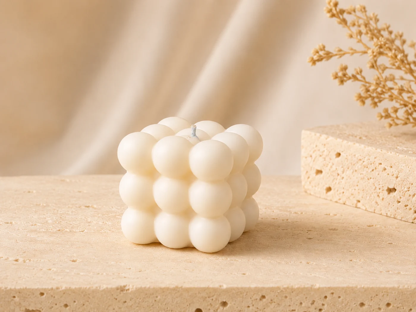 Vela artesanal blanca en forma de cubo de burbujas de Los Aromas de Rafa